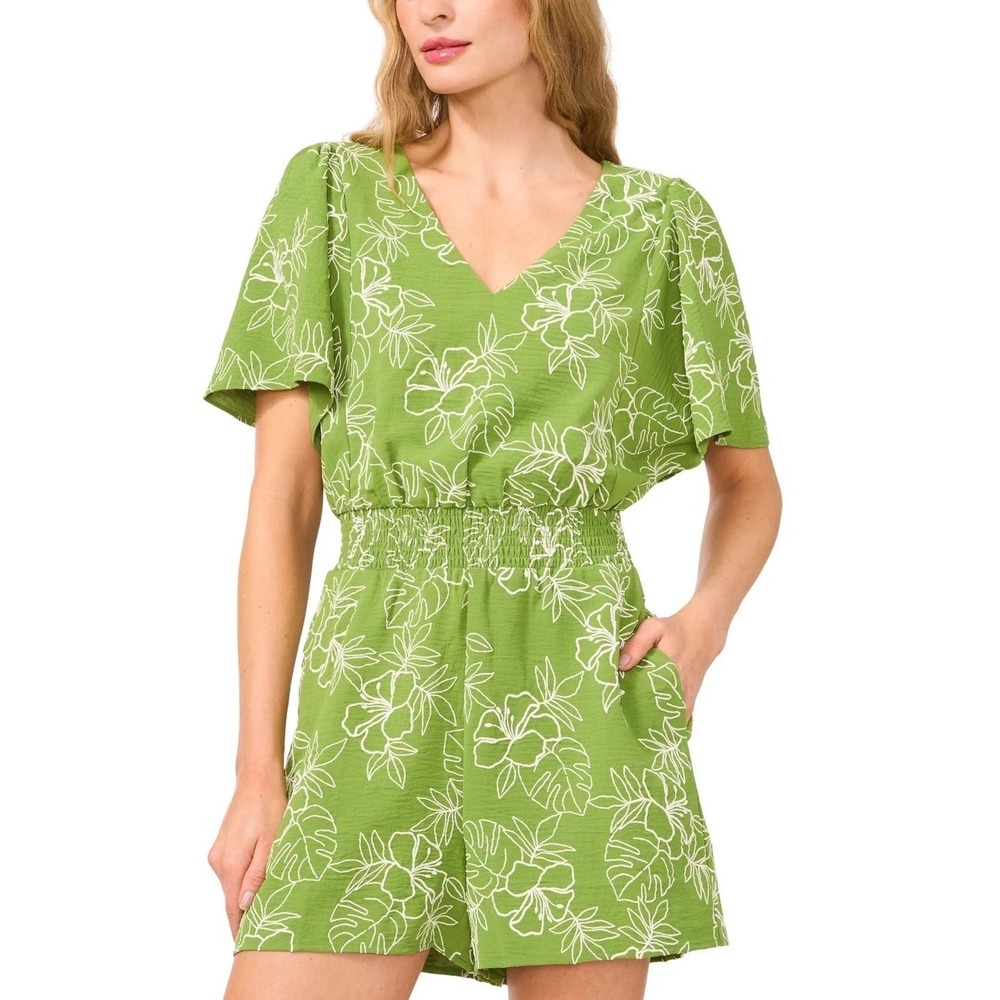 CeCe Women's V-Neck Smocked-Waist‎ Flutter-Sleeve Romper Kelly Green Size Large